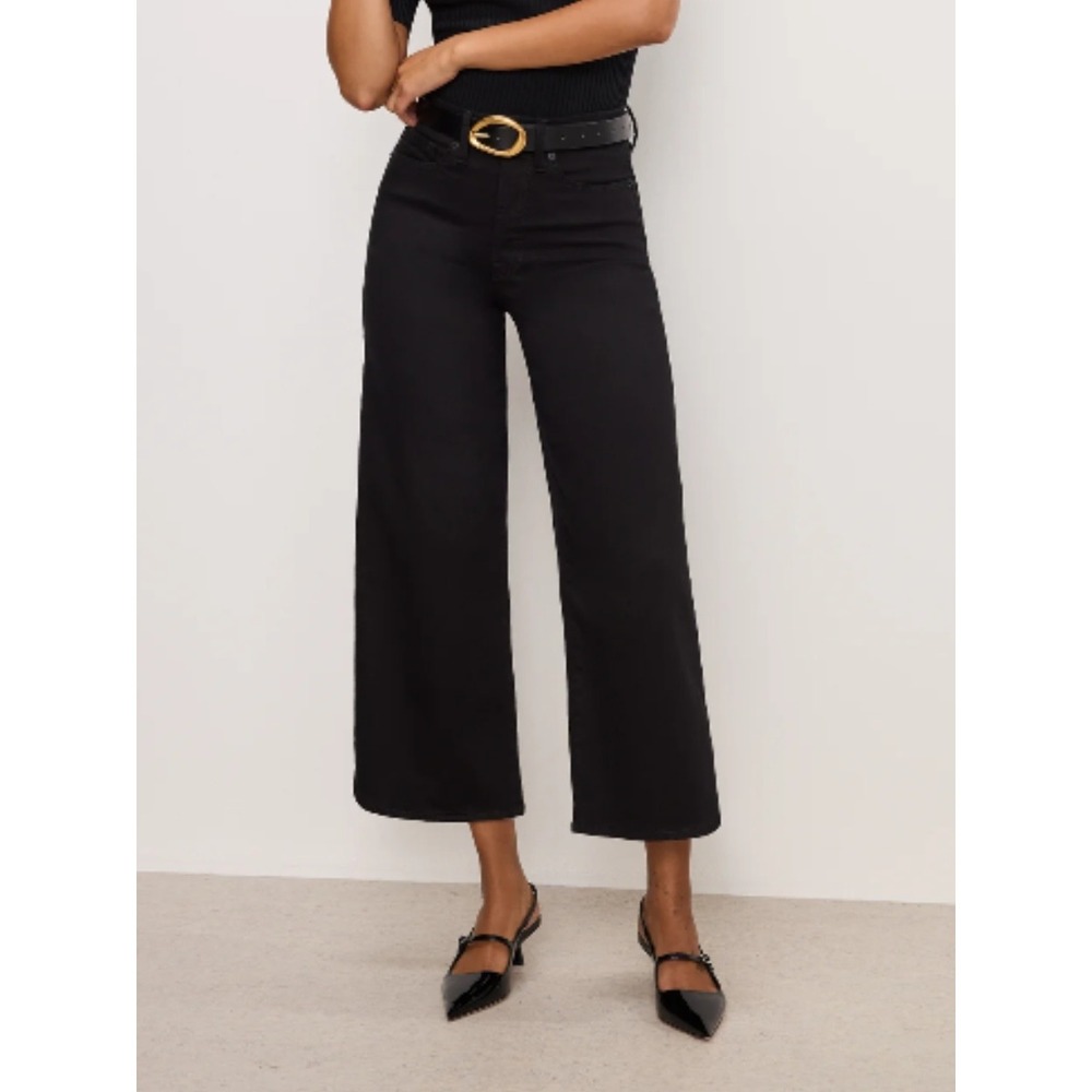 Good American Palazzo Crop Jeans Size 8 Black Denim High Rise Wide Leg Gaucho
